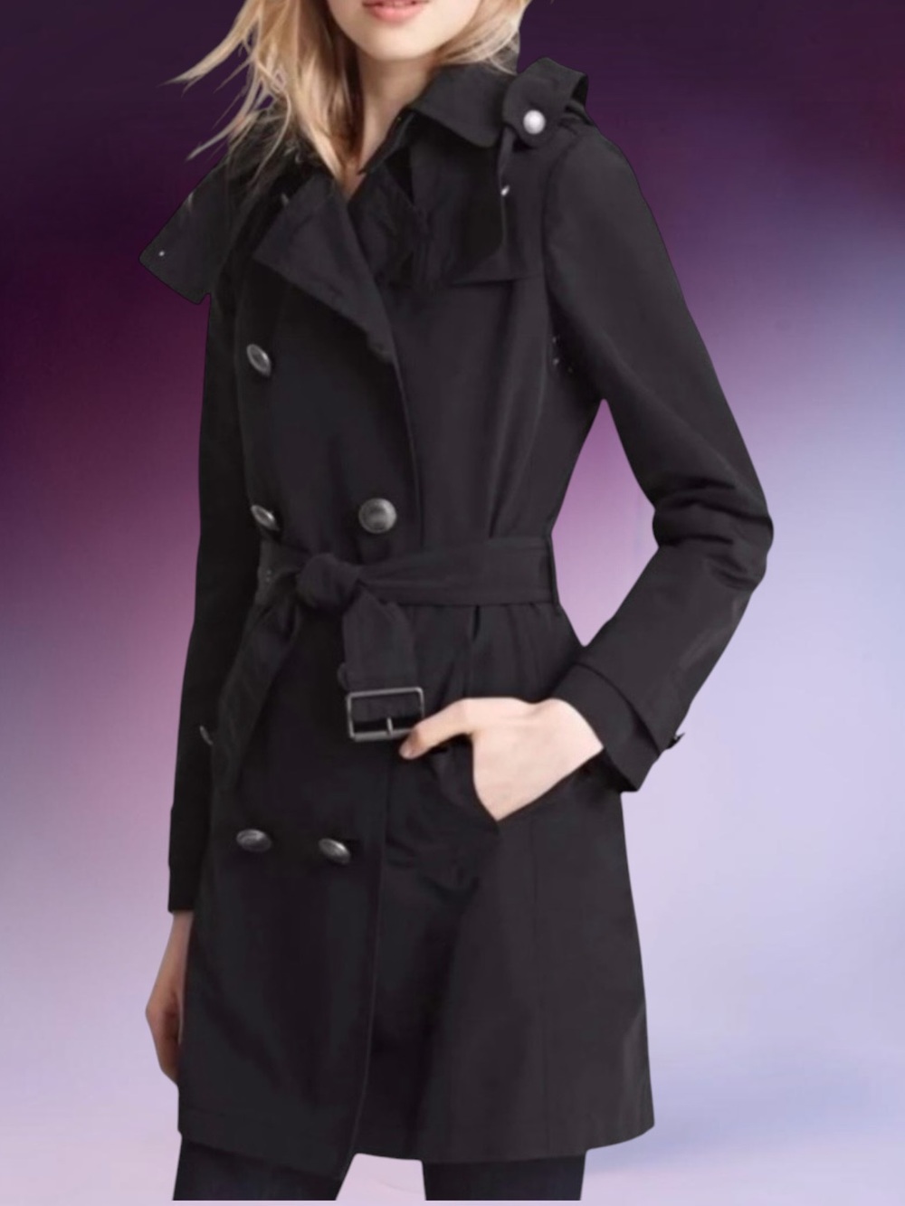 BURBERRY BRIT BLACK CLASSIC BELTED TRENCH COAT SIZE 8 - Picture 7 of 16